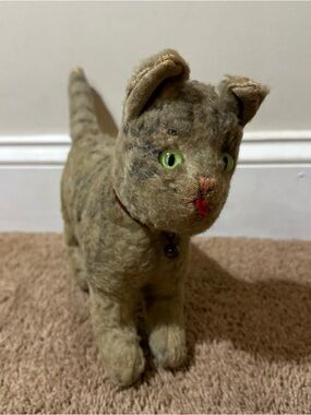 Vintage Steiff Mohair Cat Kitten Green Eyes Red Collar Bell Tabby